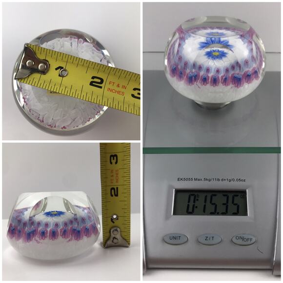 Perthshire 1996B Blue Flower on Lace Floral Pink Daisy Canes Faceted Paperweight - Picture 10 of 13